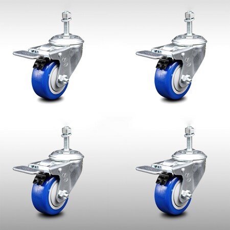 Service Caster 3.5 Inch SS Blue Poly Swivel 10mm Threaded Stem Caster Set Total Lock Brake SCC-SSTSTTL20S3514-PPUB-BLUE-M1015-4